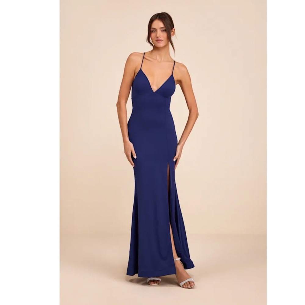 Lulus Ronelle Dark Blue Slinky Knit Lace-Up Maxi Dress Size Medium New!